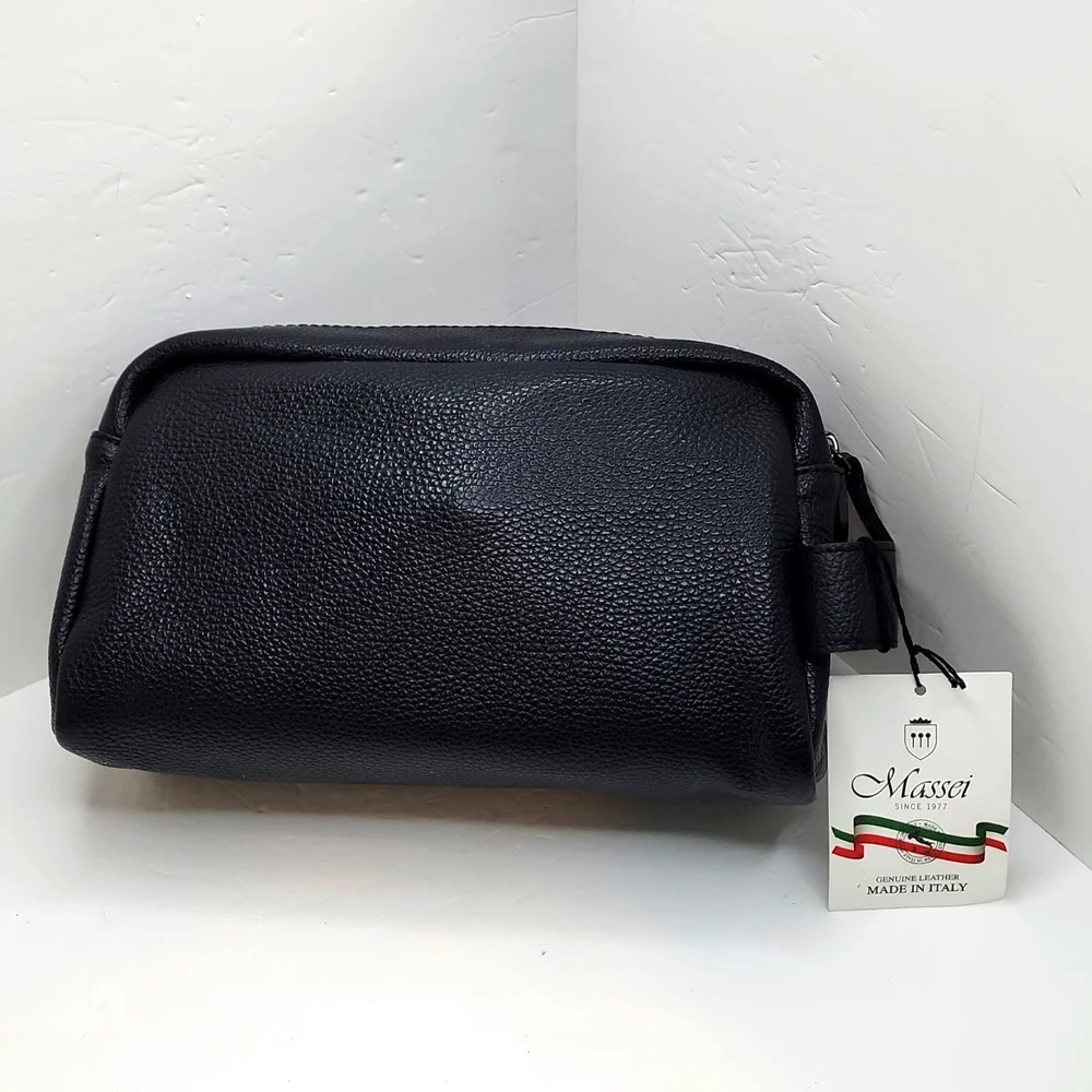 MASSEI, GENUINE LEATHER, MADE IN ITALY, MEN’S TOILETRY BAG, HAND MADE BLACK